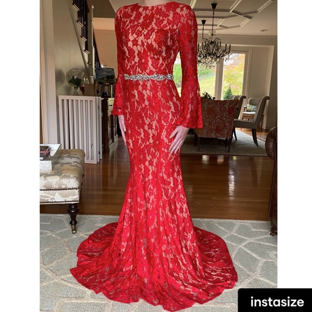 JVN by Jovani red lace long bell sleeved evening gown. Size 2